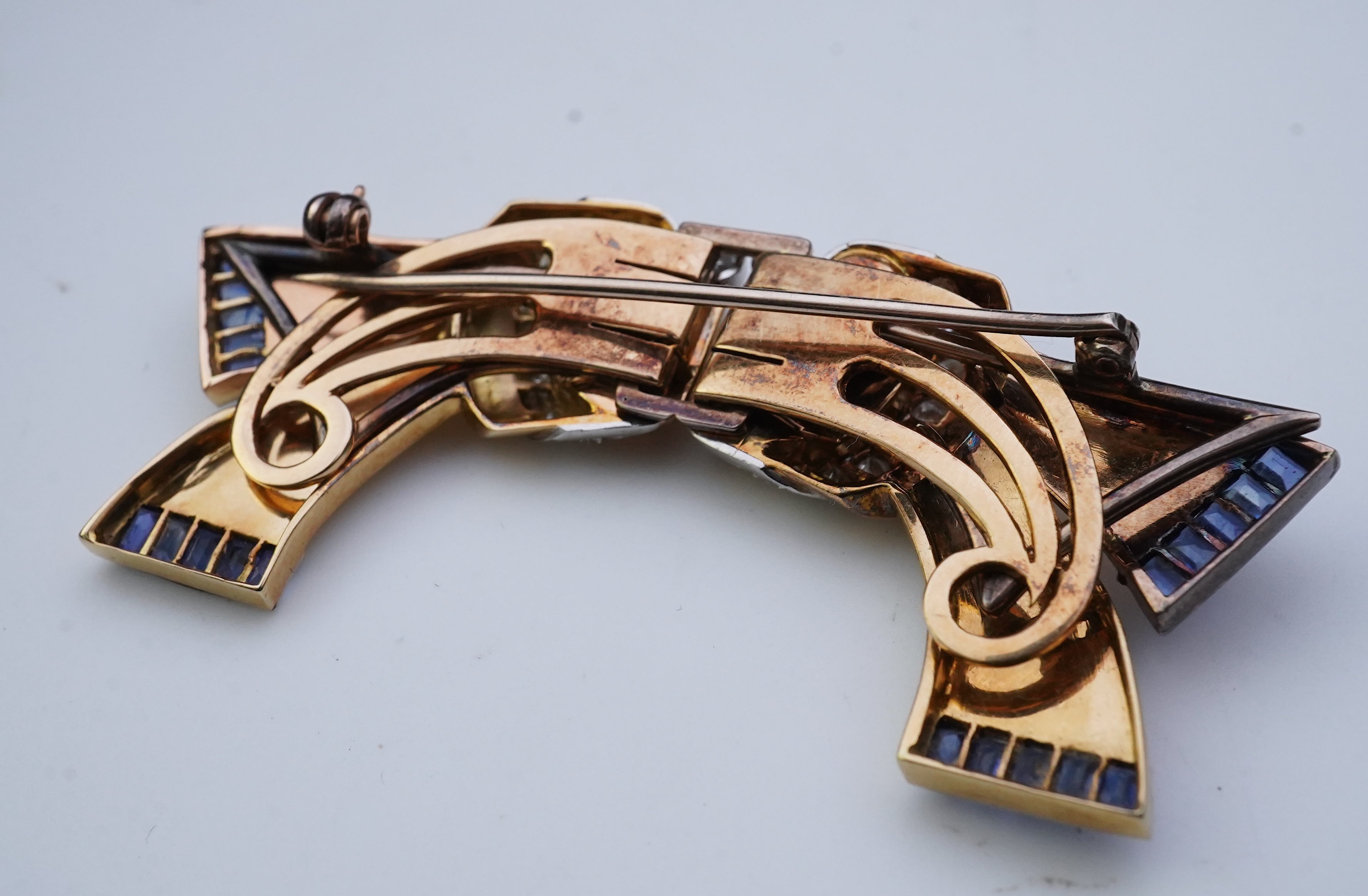 A Retro gold, sapphire and diamond double clip brooch, circa 1940